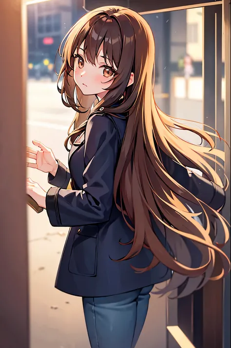 Cute girlfriend,Looking back,Soft flowing hair,Brown hair,Brown eyes,A woman who seems a little lonely,Troubled face,Being at the station,Wearing a dark blue coat,Looks cold,8K,Sharpen