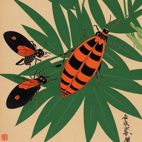 Insects, A flashing butt, super high quality, a firefly perched on a bamboo leaf, Japanese style drawing, ukiyo-e style, art