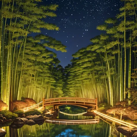 Insects, The butt of a firefly flashing with light, finest image, 8k, RAW photo, realistic, detailed, delicate, flashy and dynamic depiction, a summer night, a beautiful clear stream, a bamboo forest, the moon, and a starry sky, Japanese style drawing, uki...