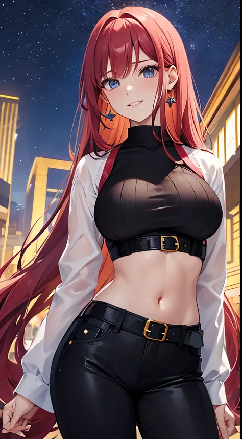 saturated red hair, Princess Hair, very long twintails, large full breasts, Glossy skin,  Pink lips, Peach-colored cheeks, Blue eyes, Golden earrings, Shining starry sky, Rin々Shishi Face, A slight smil, arm,  Black jacket, white shirt inside jacket, Navel ...