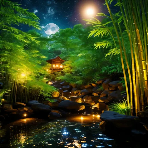 The butt of a firefly flashing with light, finest image, 8k, RAW photo, realistic, detailed, delicate, flashy and dynamic depiction, a summer night, a beautiful clear stream, a bamboo forest, the moon, and a starry sky