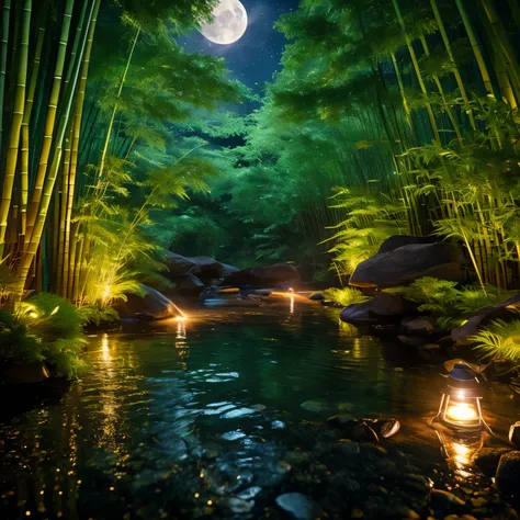 The butt of a firefly flashing with light, finest image, 8k, RAW photo, realistic, detailed, delicate, flashy and dynamic depiction, a summer night, a beautiful clear stream, a bamboo forest, the moon, and a starry sky