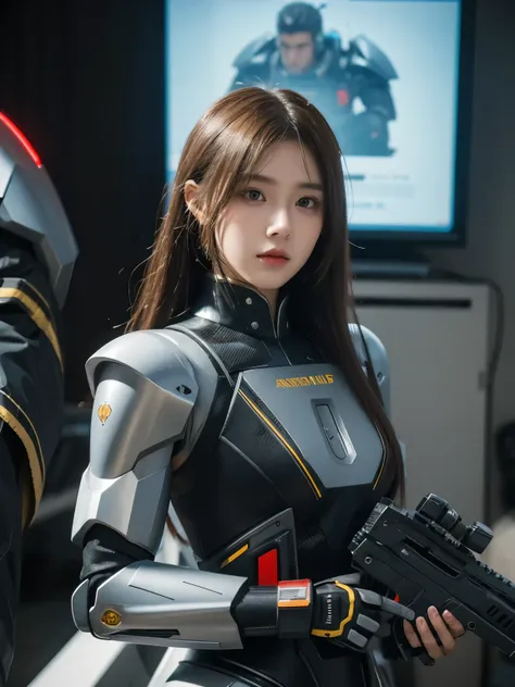 Wear a futuristic suit、Couple holding gun in hand, Mecha network armor girl, Mechanized female soldiers, cgsociety and fenghua zhong, perfect android girl, cute robot-girl, cyberpunk anime girls mecha, Female mech, 美丽的robot-girl, robot-girl, Wojtechfors, R...