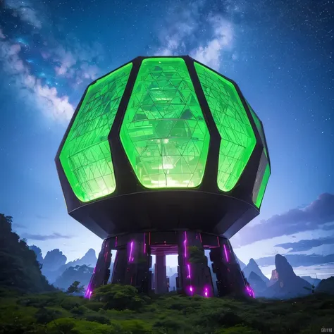 Alien Hexagonal Base (very detailed nipples) In a hexagonal mountain oasis，There are several hexagonal exhaust fans and chimneys, some neon lights projecting from the base，Light up the dark night), There are some clouds in the night sky, Some surrounding p...