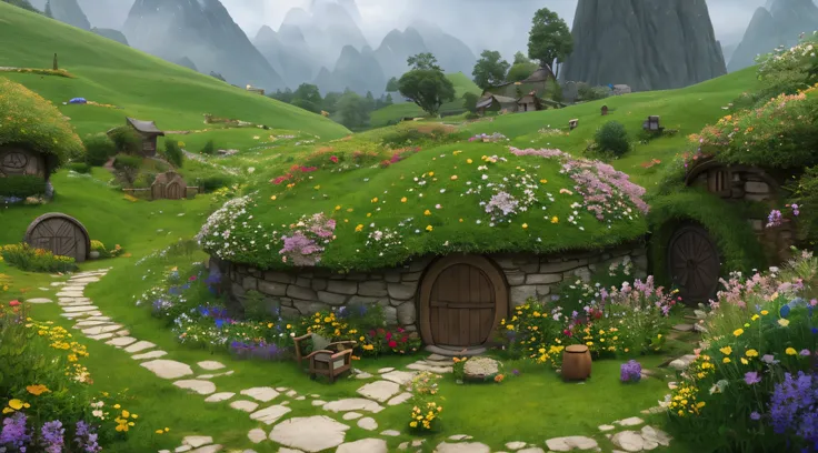 Landscape hobbit village, house with round windows and doors, small garden with small flowers, fantastic spring elf forest, flowers, sun, mountains in the mist in the background. High Quality, Hobbit Movies, Lord of the Rings Movies, Lord of the Rings Movi...