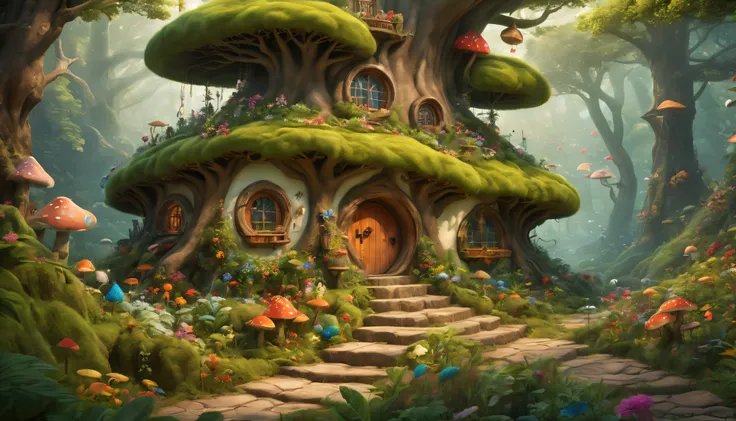 (mysterious fantasy forest，dense trees，a strange and cute little tree:1.5)，hobbit cottage, it is vividly depicted in the work (b...