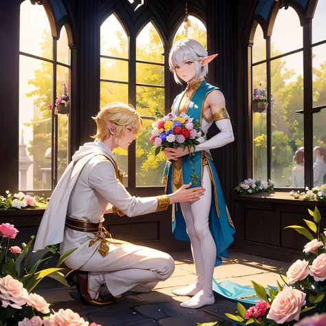 I pale elf male on one knee offering another male elf a bouquet of flowers