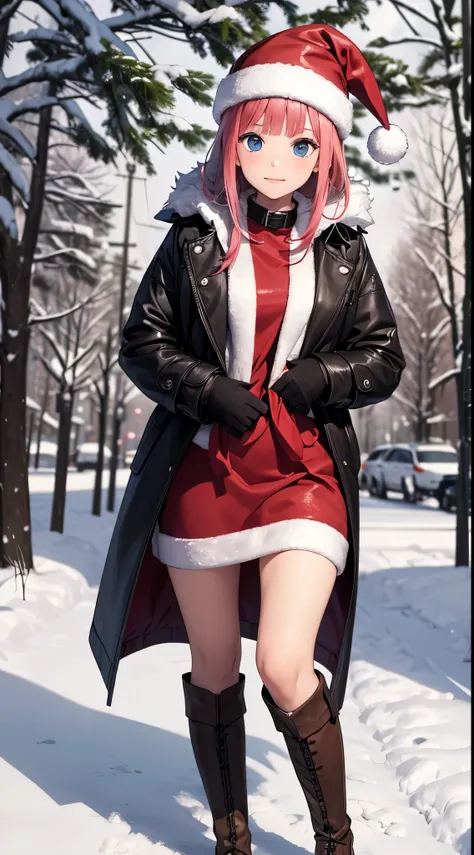 Nino Nakano ,sexy ,christmas coat and boots,christmas pine snowy forest