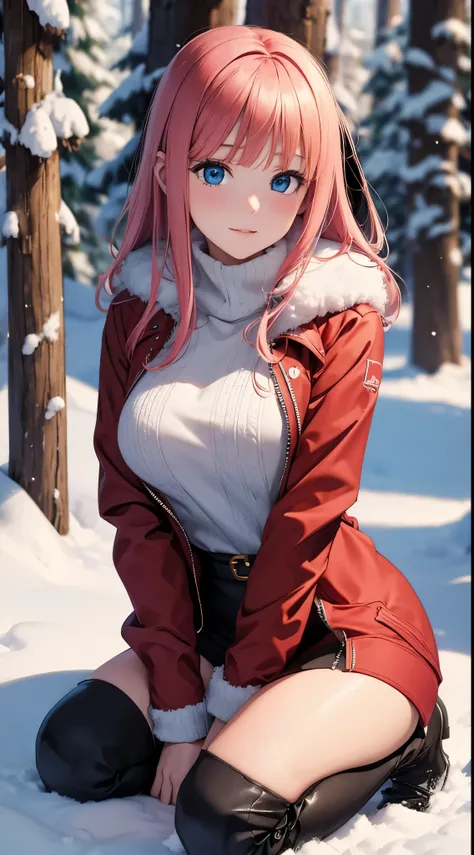 Nino Nakano ,sexy ,christmas coat and boots,christmas pine snowy forest