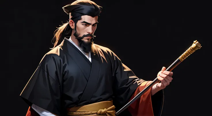 calm young man, public servant, has a slight mustache, long beard, wearing a long hat, Im wearing a black kimono, I have a scepter in my hand, Black background