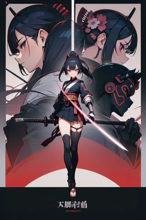 Samurai of Japan，a beauty girl，quadratic element，cyber punk perssonage，Tachi，character  design，full bodyesbian，Three View，Role setting，gaming character，Semi-mechanical body，Complex，Multi-layered，black lence stockings，katana swords，Semi-mechanical