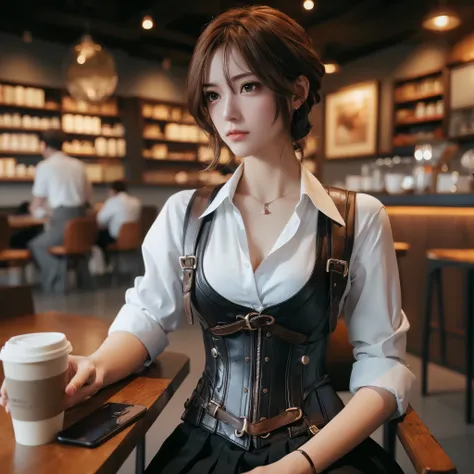 generate a lady, brown short ponytail hair, white skin, chinesse, wearing leather corset, shirt, vest and skirt, inside cafe, sit and drink coffee, handphone on the table, masterpiece, 8k, raw images, sharp eyes, lens glare, raytracing, best picture in the...