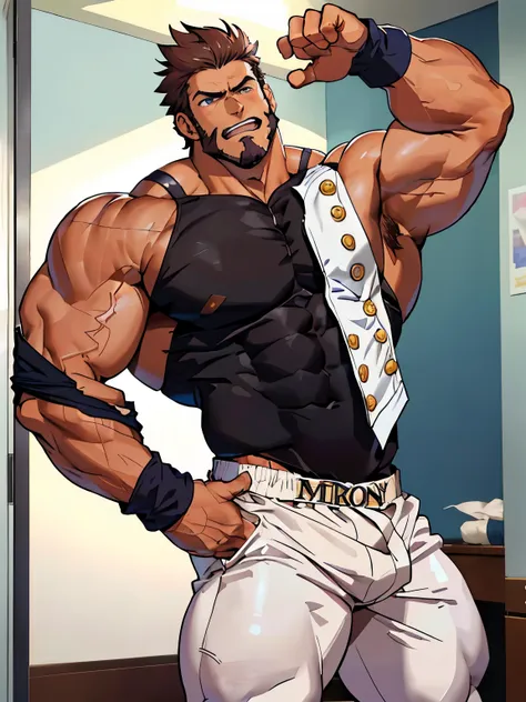 ((passionate, romantic),(bara hunk with bulging muscles and rugged features, anatomicly correct),(best quality anime fate)),  Napoleon Bonaparte from Fate, big and muscular, daddy, showing his big ass, tight underwear,