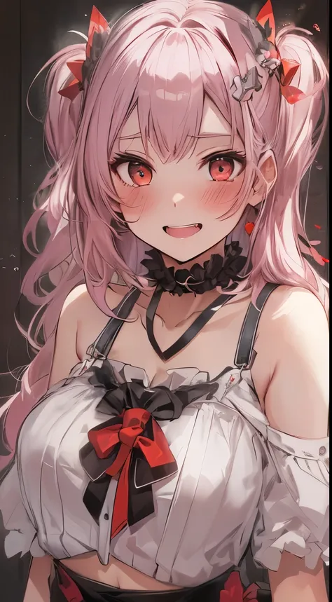 （small tits、1girl in、Put one hand on your face、Heart-shaped pupil,Red and Black theme,(blush:1.1),Choker,《trembling》,heart mark,(Smaller chest), ((Heavy breathing:1.3)),  Smile,  Evil smile, Laughing, Cute,full body Esbian、top-quality、masutepiece、1 Masterp...