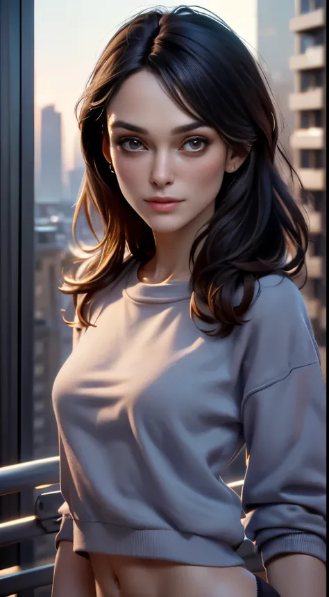 photo of Keira Knightley, RAW, beautiful woman, ((portrait)), ((detailed face:1.2)), ((detailed facial feature, detailed skin, clear skin), (perfect proportioned body, medium breasts), (wearing sweatshirt, panties) (high detailed city environment, apartmen...