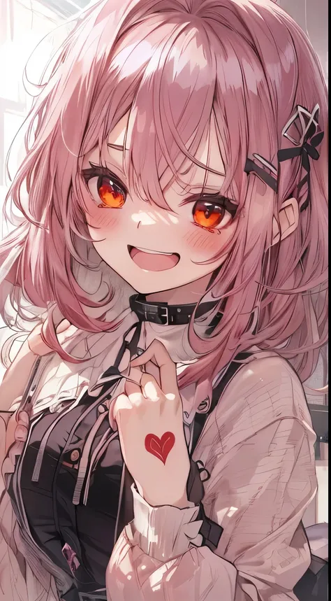 （small tits、1girl in、Put one hand on your face、Heart-shaped pupil,Red and Black theme,(blush:1.1),Choker,《trembling》,heart mark,(Smaller chest), ((Heavy breathing:1.3)),  Smile,  Evil smile, Laughing, Cute,full body Esbian、top-quality、masutepiece、1 Masterp...