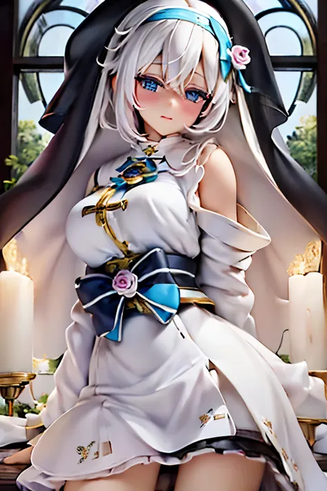 ((masterpiece)), ((highest quality 16k)),((ephemeral)) ((detailed and delicate)), ((fantastic background)) white hair, blue eyes, (solo), cute, nun cassock clothing, priest, kawaiitech, pastel colors, kawaii, cute colors