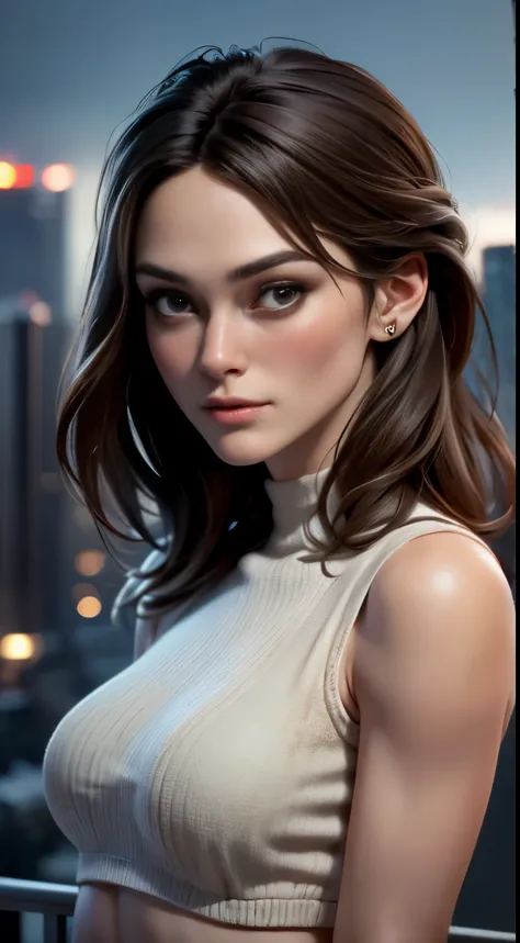 photo of Keira Knightley, RAW, beautiful woman, ((portrait)), ((detailed face:1.2)), ((detailed facial feature, detailed skin, clear skin), (perfect proportioned body, medium breasts), (wearing tight crop) (high detailed city environment, apartment balcony...