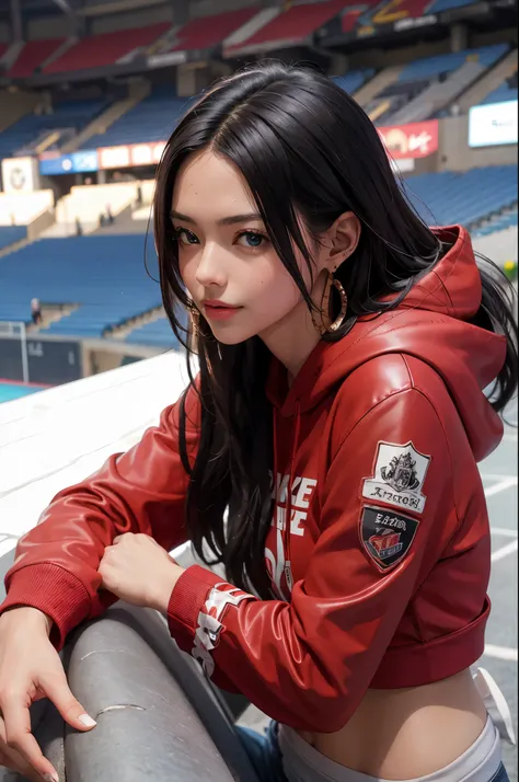 hancock jr.....，From anime《A piece of》, Beutiful women, once very beautiful, perfect body figure, perfect pubic bone, black hair color hair, Long gray hair, Slightly smiling expression, （Wearing a red leather Nike hoodie：1.5）, （Red jogging bottoms：1.5）, We...