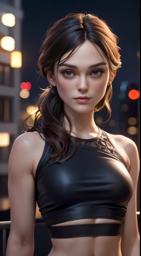 photo of Keira Knightley, RAW, beautiful woman, ((portrait)), ((detailed face:1.2)), ((detailed facial feature, detailed skin, clear skin), (perfect proportioned body, medium breasts), (wearing tight crop top) (high detailed city environment, apartment bal...