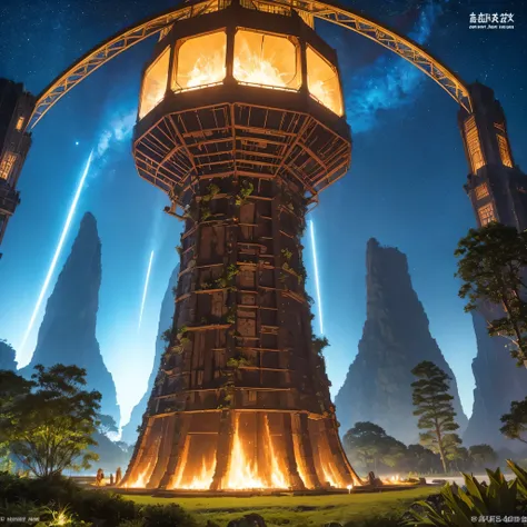 Alien Hexagonal Base (very detailed nipples) In a hexagonal mountain oasis，There are several hexagonal exhaust fans and chimneys, some neon lights projecting from the base，Light up the dark night), There are some clouds in the night sky, Some surrounding p...