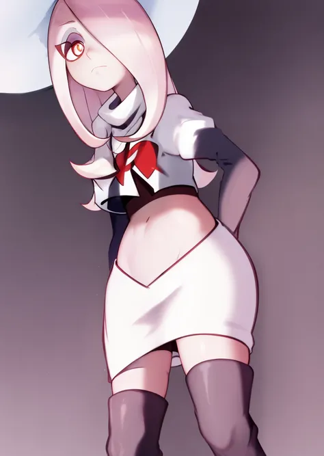 sucy, (sucy manbavaran:1.3), cowboy shot 1girl, (blank expression:1.2), (expressionless:1.2), makeup, eyeshadow, hair over one eye, half-closed eyes, no hat, no headwear, long hair, light purple hair, red eyes, pale skin, (standing cowboy shot:1.2), team r...