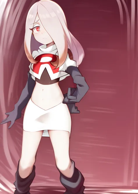 sucy, (sucy manbavaran:1.3), cowboy shot 1girl, (blank expression:1.2), (expressionless:1.2), makeup, hair over one eye, half-closed eyes, long hair, light purple hair, red eyes, pale skin, (standing cowboy shot:1.2), team rocket,team rocket uniform, red l...