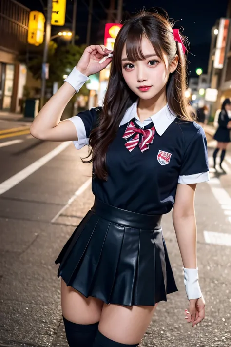 high-angle shot、Center view、A tall, baby-faced white gal woman wearing a short skirt and bow tie stands on a neon street in the middle of the night２a person、(2 girls)、Phenomenally cute schoolgirl、Japanese girl&#39;s green uniform、Winter clothes、Wearing Jap...