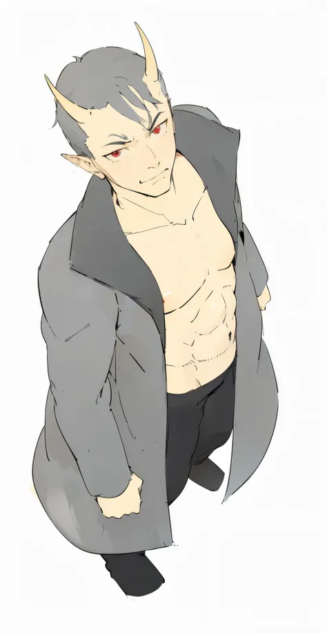 Anime black hair man with red eyes and horns wearing black robe and black pants in top view