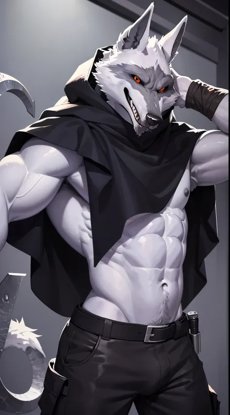 (The ultimate death wolf) best quality, ultra high res,1furry boy，solo，detailed eyes, volumetric lighting, amazing, finely detail, cowboy shot, very long legs, long arms, very tall, muscular_body, 6 pack abs, male nipples, exposed_chest, black_gloves, blac...