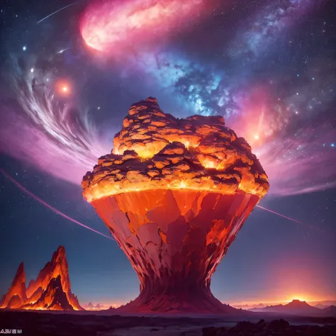 bright orange style，Purple pink series，Alien Hexagonal Base (very detailed nipples) In a hexagonal mountain oasis，There are several hexagonal exhaust fans and chimneys, some neon lights projecting from the base，Light up the dark night), There are some clou...