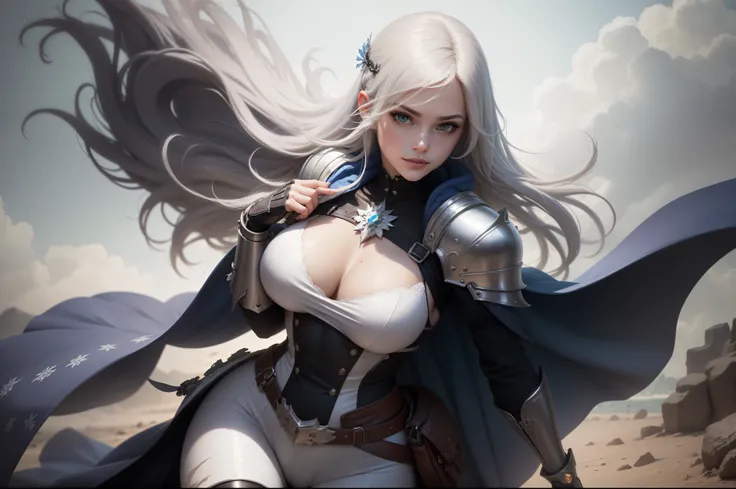 gwen tennyson,1girl,yorha 2b,riven,tracer, overwatch,atelier ryza,close up,battlefield view,tattoos,royal gray and white plugsuit,white short sleeve knight top,royal knight full steel armor,long knight skirt,white knight corset,steel leggings,long hair,pri...