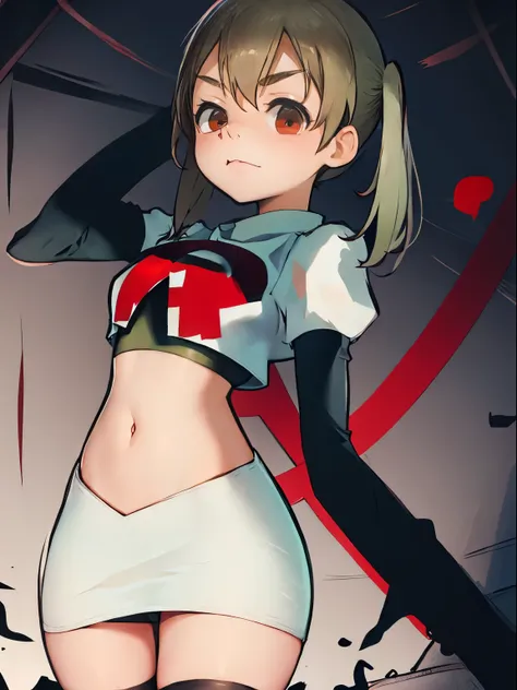 maka albarn, twintails, team rocket,team rocket uniform, red letter r, white skirt,white crop top,black thigh-highs,black elbow ...