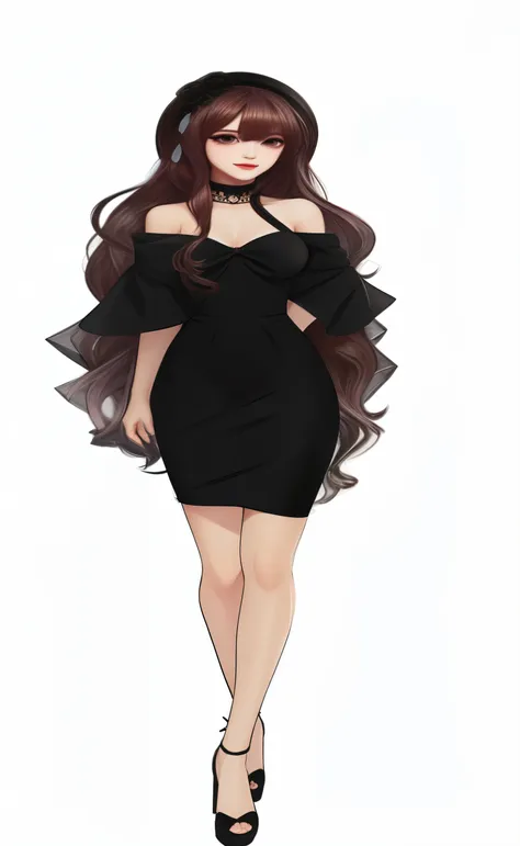 woman in a black dress with long hair,  girl wearing a black dress, !!full body portrait!!, full body portrait of a short!, outfit design, full body!, fullbody portrait, full body