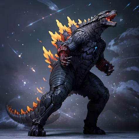 ultra-detailed, Explicit, Masterpiece, Best Quality, Highly detailed, illustration, absurdres, no humans, GodzillaXP, GZBD, GZHD,monster,godzilla, full body, violet eyes, long violet spines, open mouth, head up, roaring, growling, godzilla wear doll suit, ...