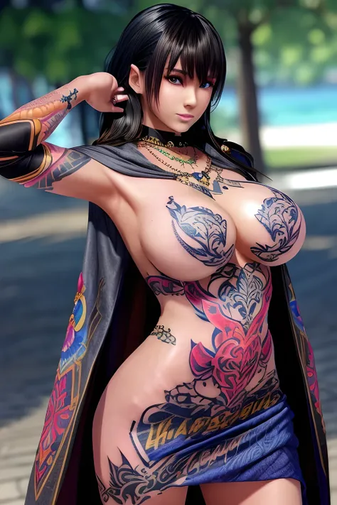 1个Giant Breast Girl,seven waves,gorgeous color, a skirt,Cloak,jewely,(fashionably_Tattooed with:1.3),(gigantic cleavage breasts),(tmasterpiece), Best quality at best,(of a real:1.4), Detailed pubic hair,8K，number art,Detailed pubic hair头发,Detailed pubic ha...