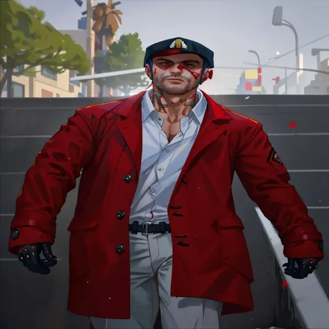 there is a man in a red coat and white pants, full body shot hyperdetailed, cyberpunk street goon, gta v street style, cinematic full character, wearing red jacket, detective coat, hes a hitman in peacoat, in clothes! highly detailed, gta character, as a c...