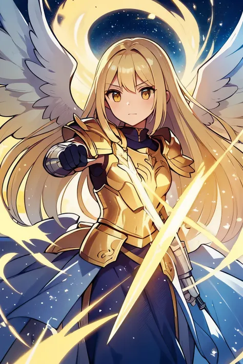 angelic warrior,legendary hero of medieval games,medium blond hair,yellow eyes,navy blue armor with silver tones,heroic pose,glowing divine sword,majestic wings,halo,serene expression,golden light,heroic background silhouette,vivid colors,portraits