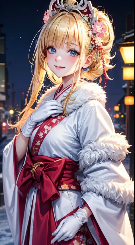 Very detailed CG Unity 8K wallpaper, Cute One Girl, Mature blonde girl, beautiful  Girl, hot maiden, pale skin (Super masterpiece, Beautiful person, well detailed face polluted smile, Photorealistic, hyper realisitic), colorful winter pink kimono 、has whit...