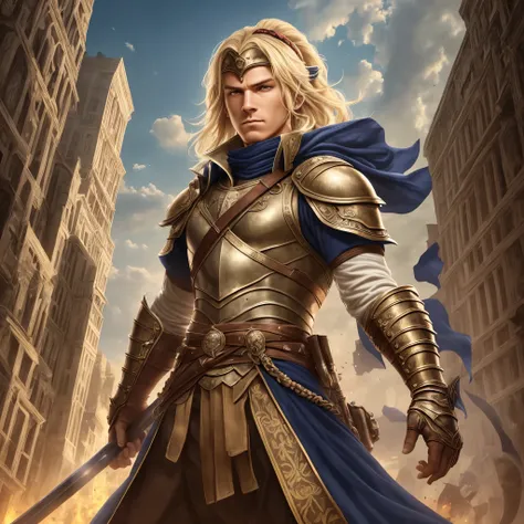 angelic warrior, legendary hero of medieval games, medium blond hair, yellow eyes, navy blue armor with silver tones --auto --s2