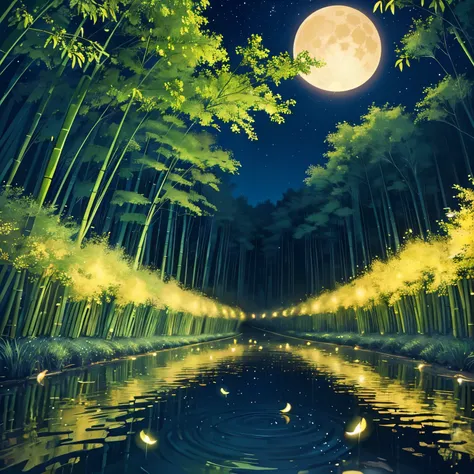 fireflies shining everywhere, super high quality, summer night, beautiful clear stream, bamboo forest, moon, starry sky