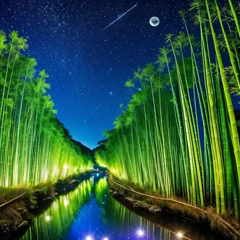 fireflies shining everywhere, super high quality, summer night, beautiful clear stream, bamboo forest, moon, starry sky