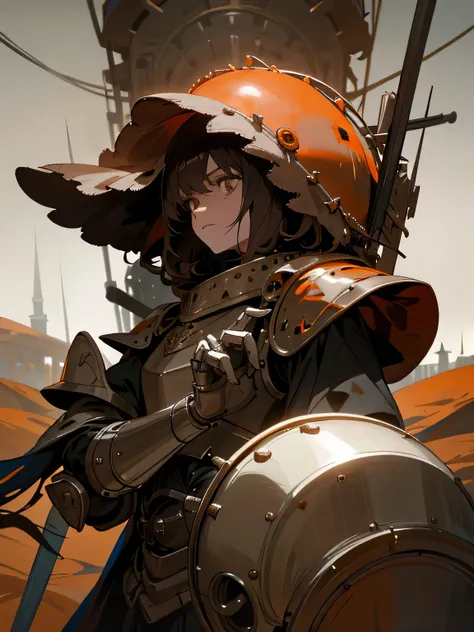 ((dark horror art)), dark medieval automaton girl, gloomy character, dark brown skin, gray eyes, brown hair, white pointed helmet, pale bib, mechanical rings on hands, Medieval gloomy dark orange desert landscape