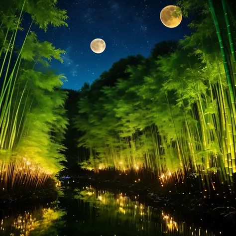 fireflies shining everywhere, super high quality, summer night, beautiful clear stream, bamboo forest, moon, starry sky