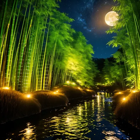 fireflies shining everywhere, super high quality, summer night, beautiful clear stream, bamboo forest, moon, starry sky