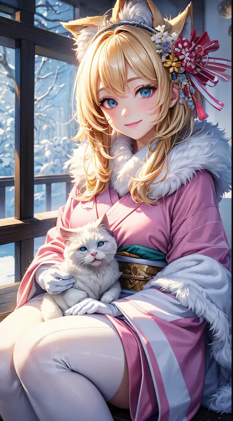 Very detailed CG Unity 8K wallpaper, Cute One Girl, Mature blonde girl, beautiful Girl, hot maiden, pale skin (Super masterpiece, Beautiful person, well detailed face polluted smile, Photorealistic, hyper realisitic), colorful winter pink kimono 、has whit...
