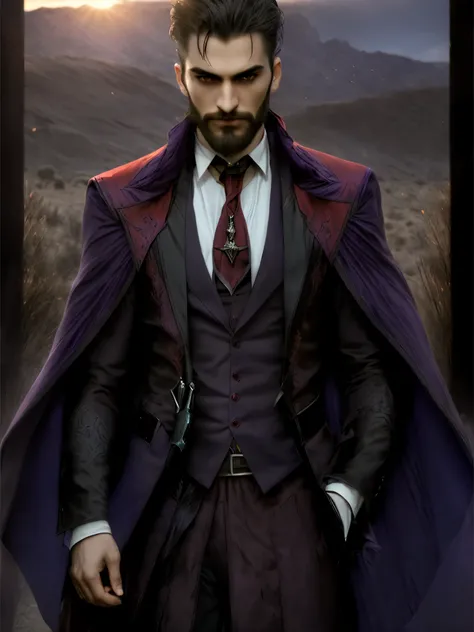 detailed facial features,beard,stubble,strong jawline,piercing eyes,intense gaze,(well-dressed) dhampir,(purple,red) cape,(two-sided) cape, vampiric shoulder armor, elegant outfit, western frontier background scenery, wild west setting,dusty desert landsca...