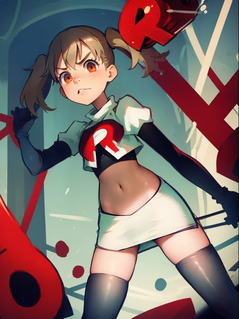 maka albarn, twintails, team rocket,team rocket uniform, red letter r, white skirt,white crop top,black thigh-highs,black elbow ...