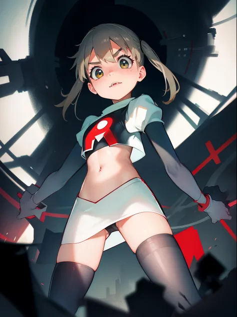 maka albarn, twintails, team rocket,team rocket uniform, red letter R, white skirt,white crop top,black thigh-highs,black elbow gloves,