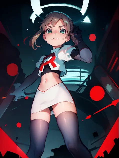 maka albarn, twintails, team rocket,team rocket uniform, red letter R, white skirt,white crop top,black thigh-highs,black elbow gloves,